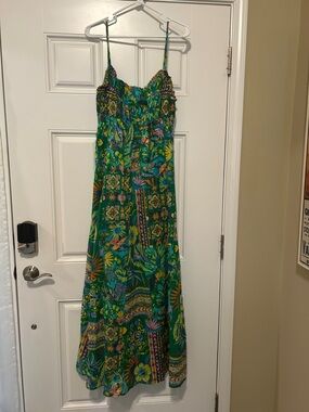 Green Tropical Print Maxi Dress with Spaghetti Straps
